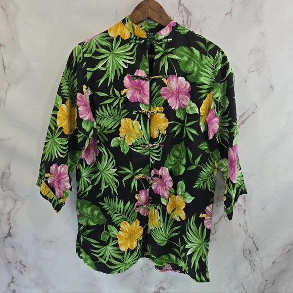 Ralph Lauren Top Womens Medium P Black Green Linen Mandarin Button Up Floral - Picture 1 of 11